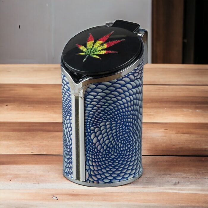 Blue Tin Metal Car Ashtray Bucket With Leaf